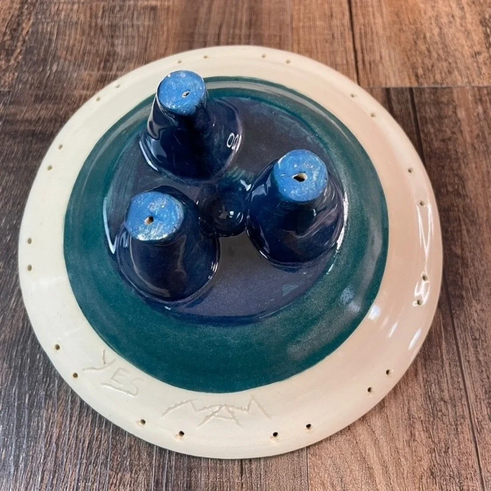 Yes Mam Studio Pottery Apple Baker Teal Navy Striped Tripod Footed Ceramic